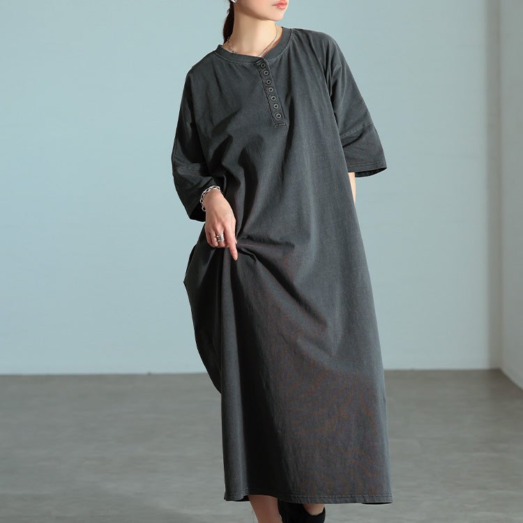 大きいサイズ レディース ヘンリーネックコットンワンピース