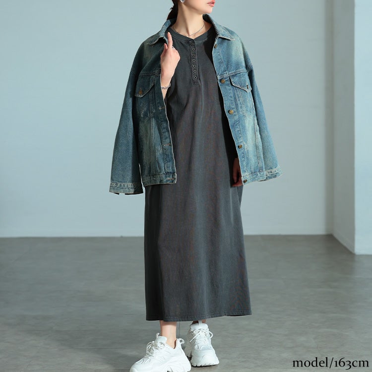 大きいサイズ レディース ヘンリーネックコットンワンピース