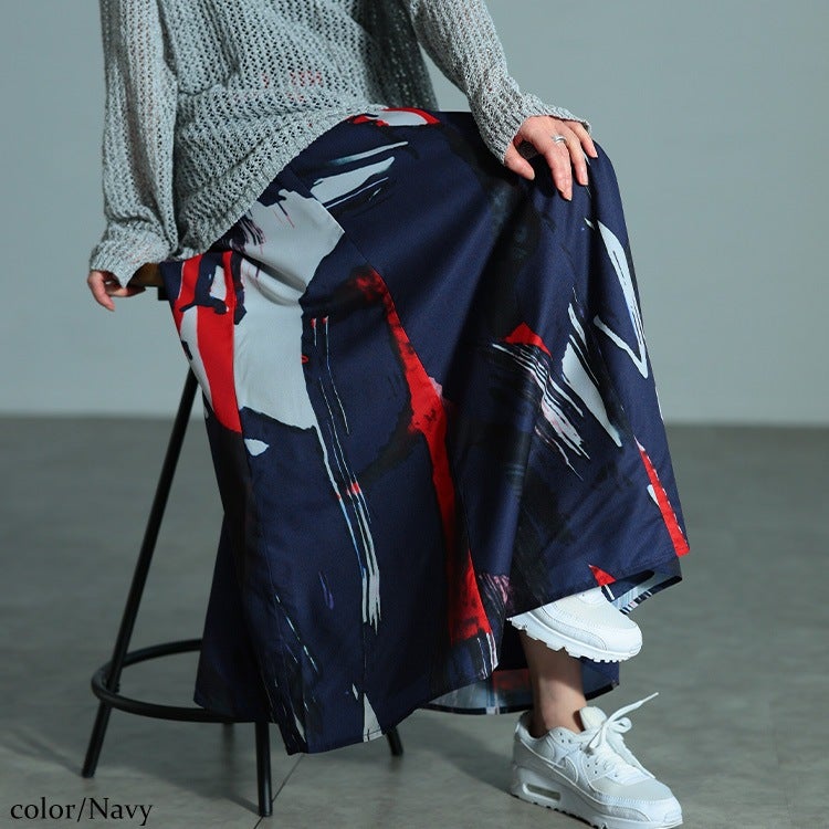 大きいサイズ レディース アート柄フレアスカート