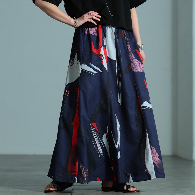 大きいサイズ レディース アート柄フレアスカート