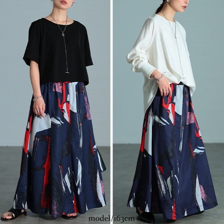 大きいサイズ レディース アート柄フレアスカート