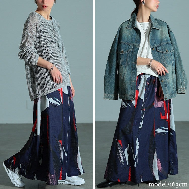 大きいサイズ レディース アート柄フレアスカート