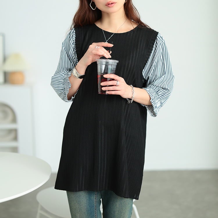 大きいサイズ レディース ストライプ柄異素材切り替えチュニック
