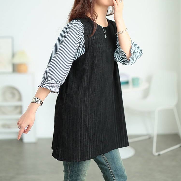 大きいサイズ レディース ストライプ柄異素材切り替えチュニック
