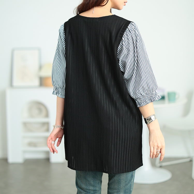 大きいサイズ レディース ストライプ柄異素材切り替えチュニック