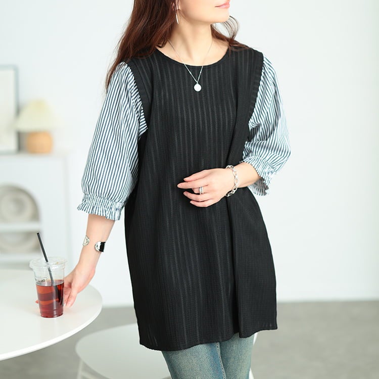 大きいサイズ レディース ストライプ柄異素材切り替えチュニック