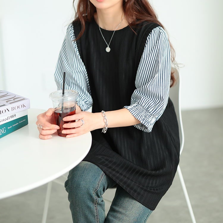 大きいサイズ レディース ストライプ柄異素材切り替えチュニック