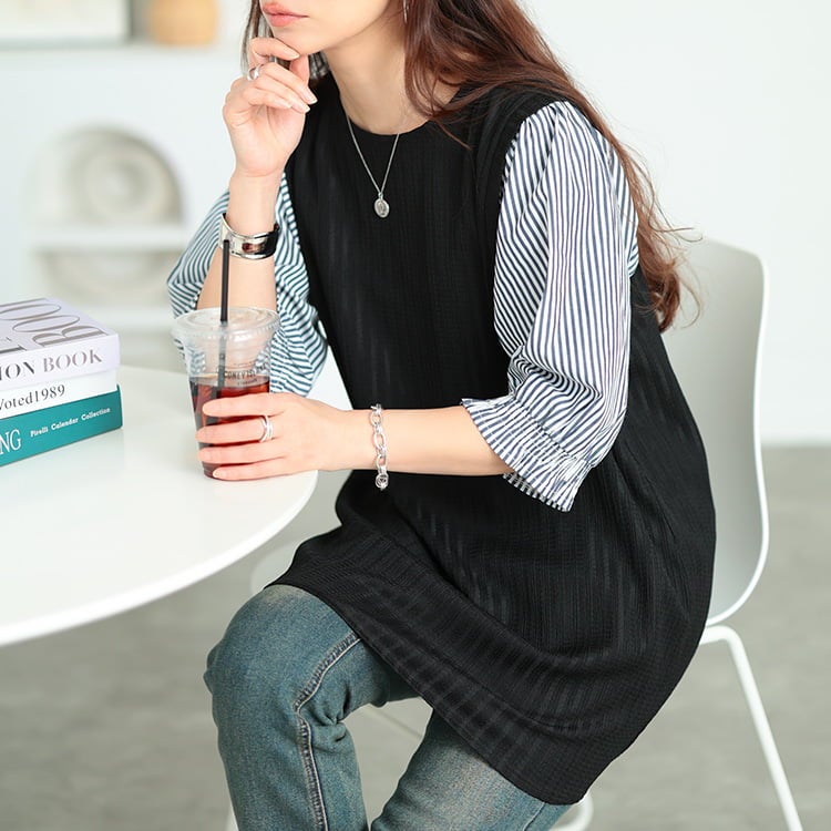 大きいサイズ レディース ストライプ柄異素材切り替えチュニック ブラック