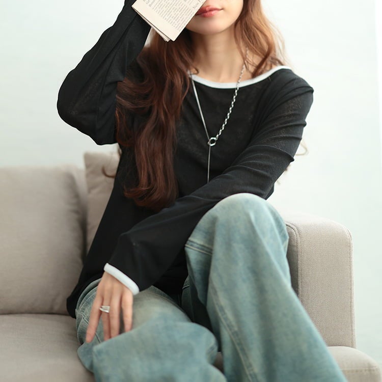 大きいサイズ レディース 配色パイピングボートネックプルオーバー ブラック