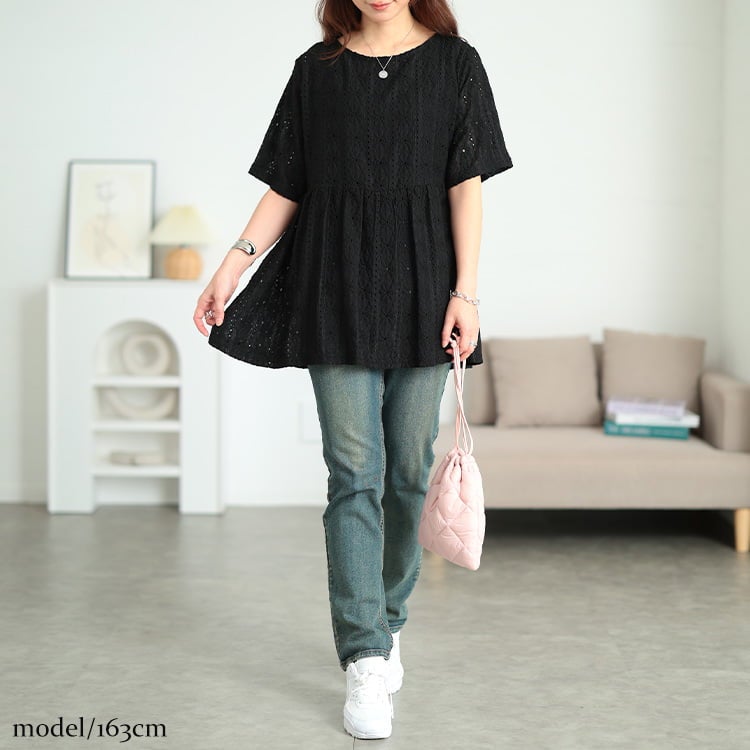 大きいサイズ レディース 花柄レースペプラムチュニック