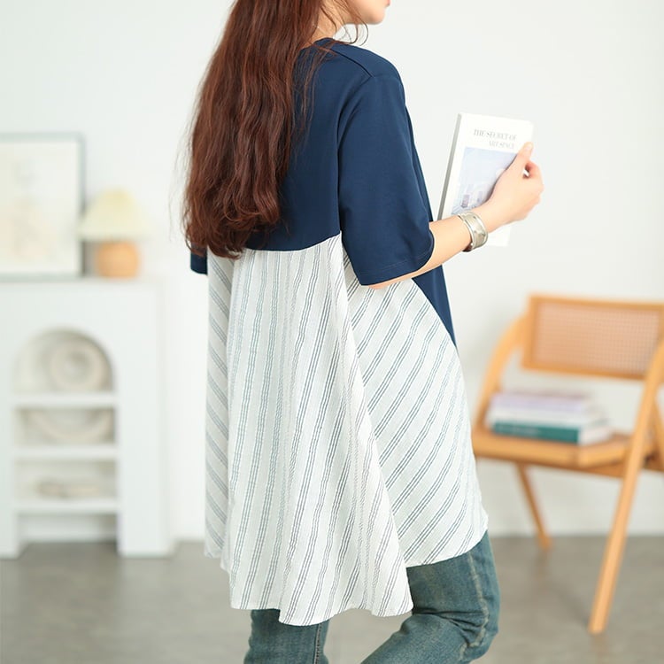 大きいサイズ レディース 後ストライプフレア切り替えチュニック