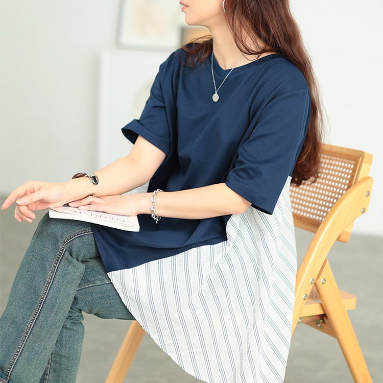 大きいサイズ レディース 後ストライプフレア切り替えチュニック