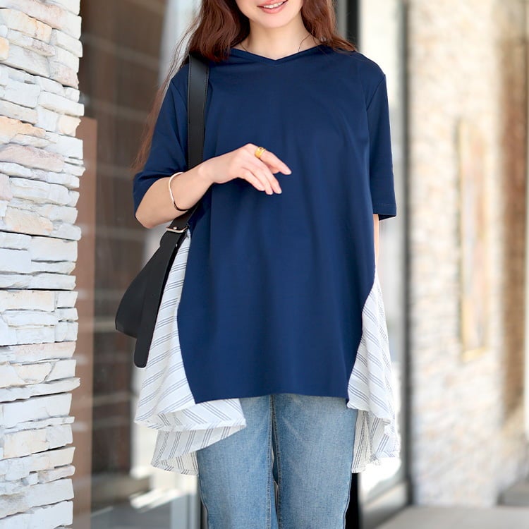 大きいサイズ レディース 後ストライプフレア切り替えチュニック