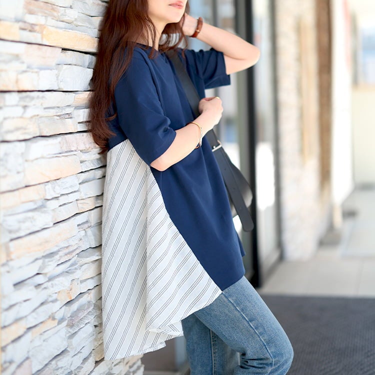 大きいサイズ レディース 後ストライプフレア切り替えチュニック