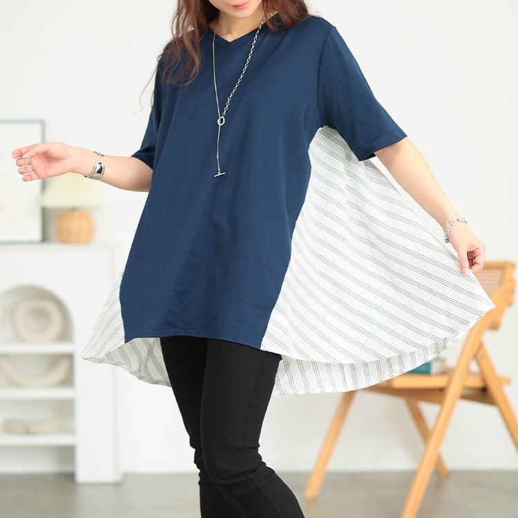 大きいサイズ レディース 後ストライプフレア切り替えチュニック