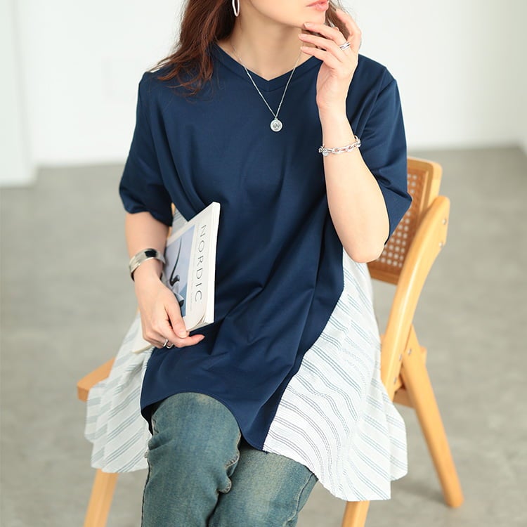 大きいサイズ レディース 後ストライプフレア切り替えチュニック ネイビー