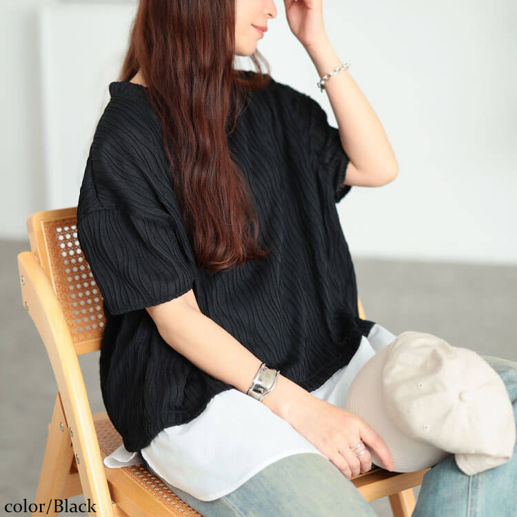 大きいサイズ レディース ウェーブプリーツ重ね着風プルオーバー