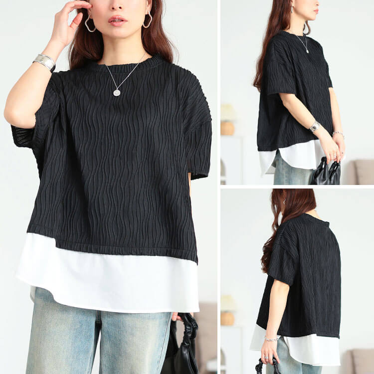 大きいサイズ レディース ウェーブプリーツ重ね着風プルオーバー