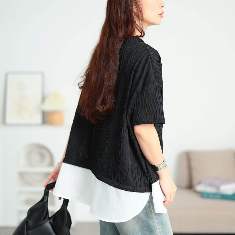 大きいサイズ レディース ウェーブプリーツ重ね着風プルオーバー