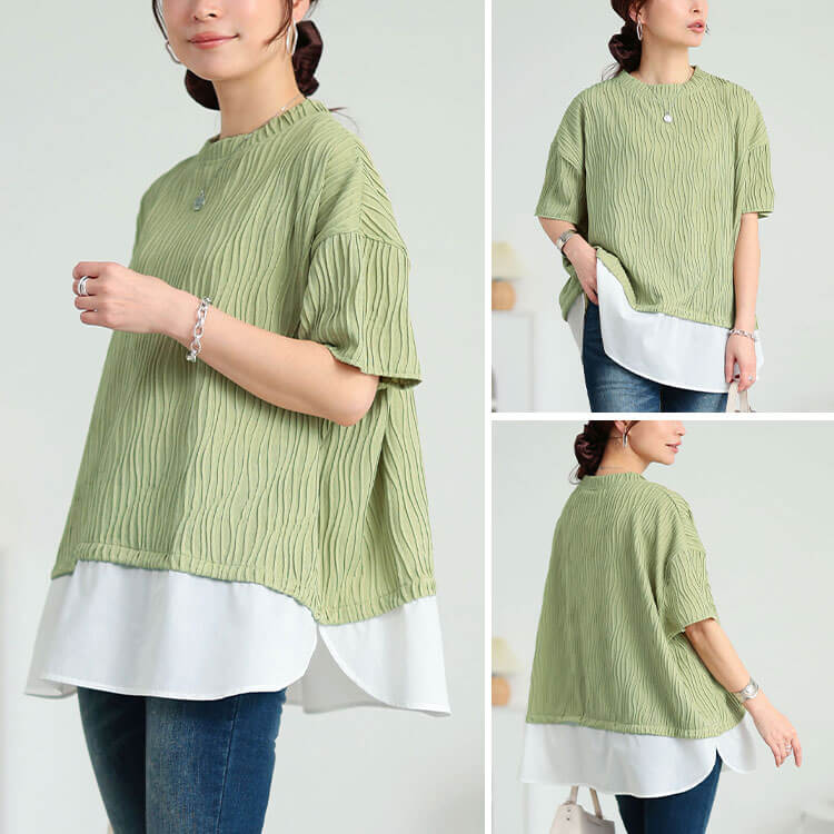 大きいサイズ レディース ウェーブプリーツ重ね着風プルオーバー