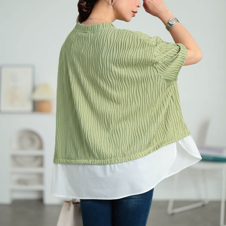 大きいサイズ レディース ウェーブプリーツ重ね着風プルオーバー