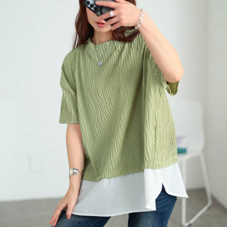 大きいサイズ レディース ウェーブプリーツ重ね着風プルオーバー