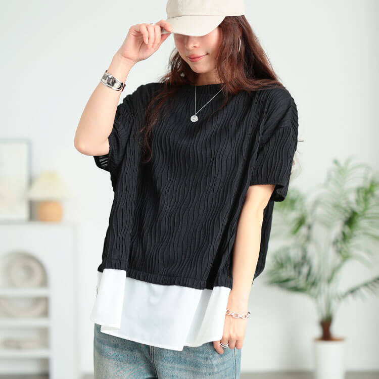 大きいサイズ レディース ウェーブプリーツ重ね着風プルオーバー ブラック