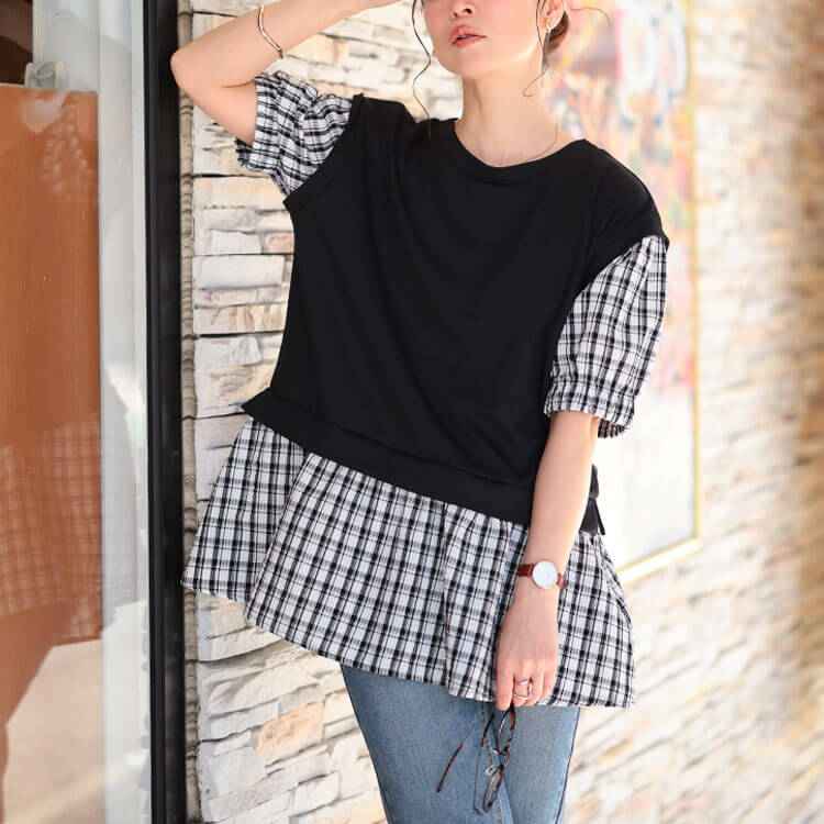 大きいサイズ レディース ベストフェイクレイヤードチェック柄プルオーバー