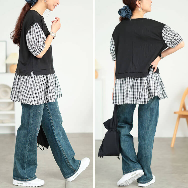 大きいサイズ レディース ベストフェイクレイヤードチェック柄プルオーバー