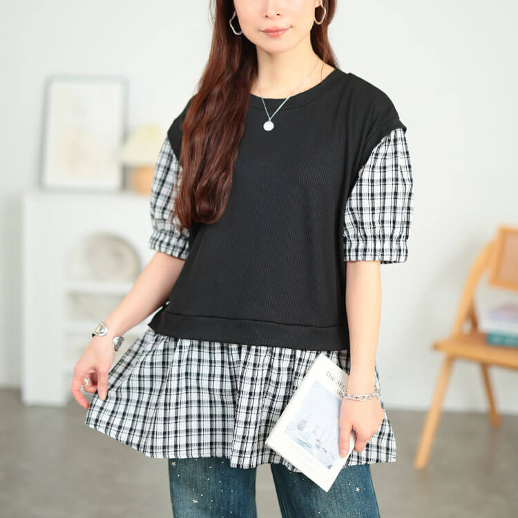 大きいサイズ レディース ベストフェイクレイヤードチェック柄プルオーバー