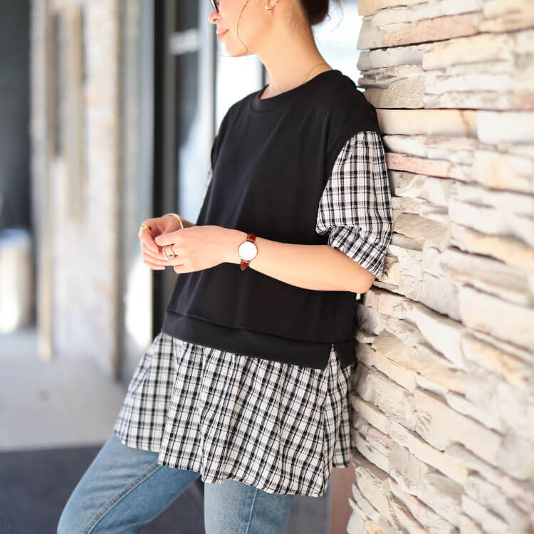 大きいサイズ レディース ベストフェイクレイヤードチェック柄プルオーバー