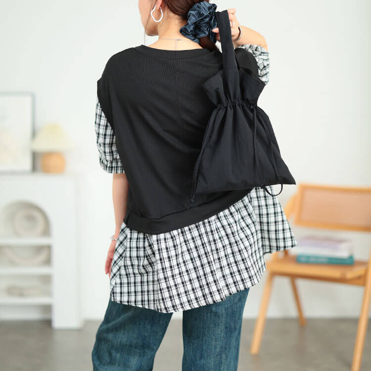 大きいサイズ レディース ベストフェイクレイヤードチェック柄プルオーバー