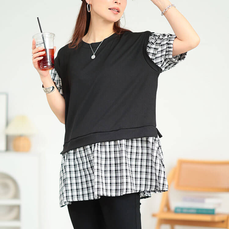 大きいサイズ レディース ベストフェイクレイヤードチェック柄プルオーバー