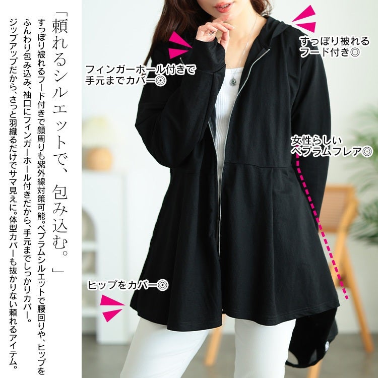 大きいサイズ レディース 接触冷感＆UVカット＆吸水速乾ペプラムパーカー