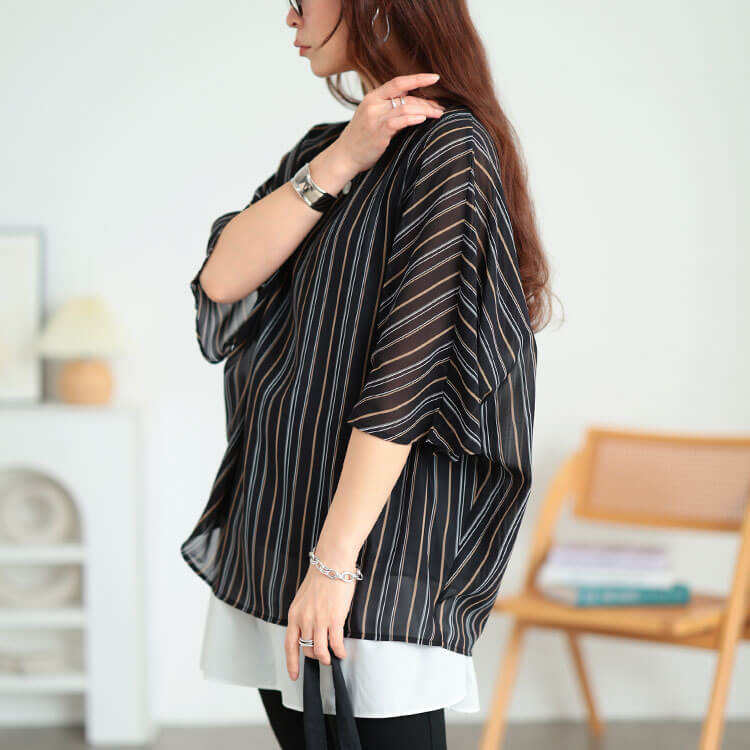 大きいサイズ レディース マルチストライプドルマンプルオーバー