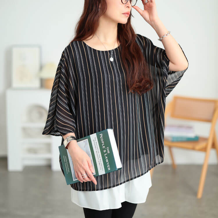 大きいサイズ レディース マルチストライプドルマンプルオーバー