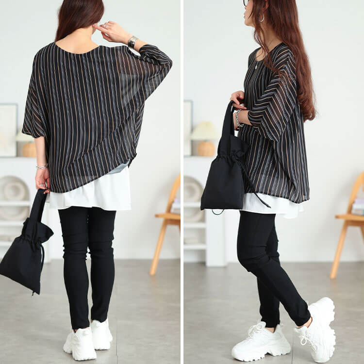 大きいサイズ レディース マルチストライプドルマンプルオーバー