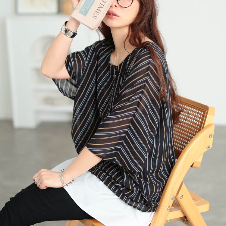 大きいサイズ レディース マルチストライプドルマンプルオーバー