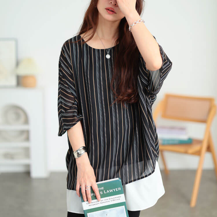 大きいサイズ レディース マルチストライプドルマンプルオーバー