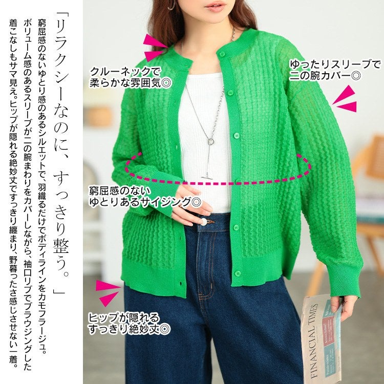 大きいサイズ レディース ウェーブ柄透かし編みニットカーディガン