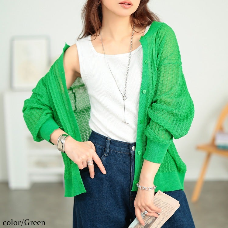 大きいサイズ レディース ウェーブ柄透かし編みニットカーディガン