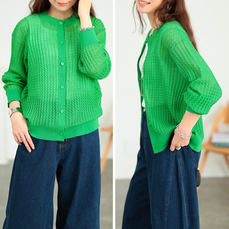 大きいサイズ レディース ウェーブ柄透かし編みニットカーディガン