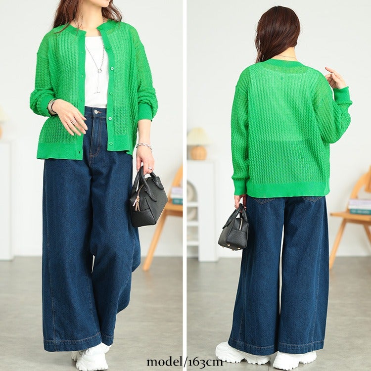 大きいサイズ レディース ウェーブ柄透かし編みニットカーディガン