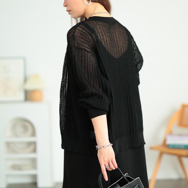 大きいサイズ レディース ウェーブ柄透かし編みニットカーディガン