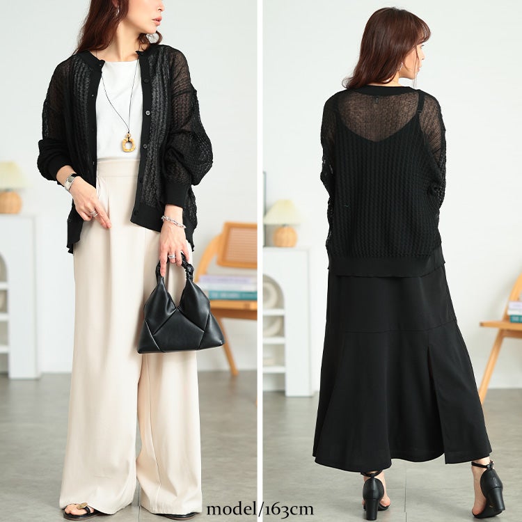 大きいサイズ レディース ウェーブ柄透かし編みニットカーディガン