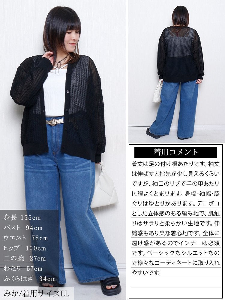大きいサイズ レディース ウェーブ柄透かし編みニットカーディガン