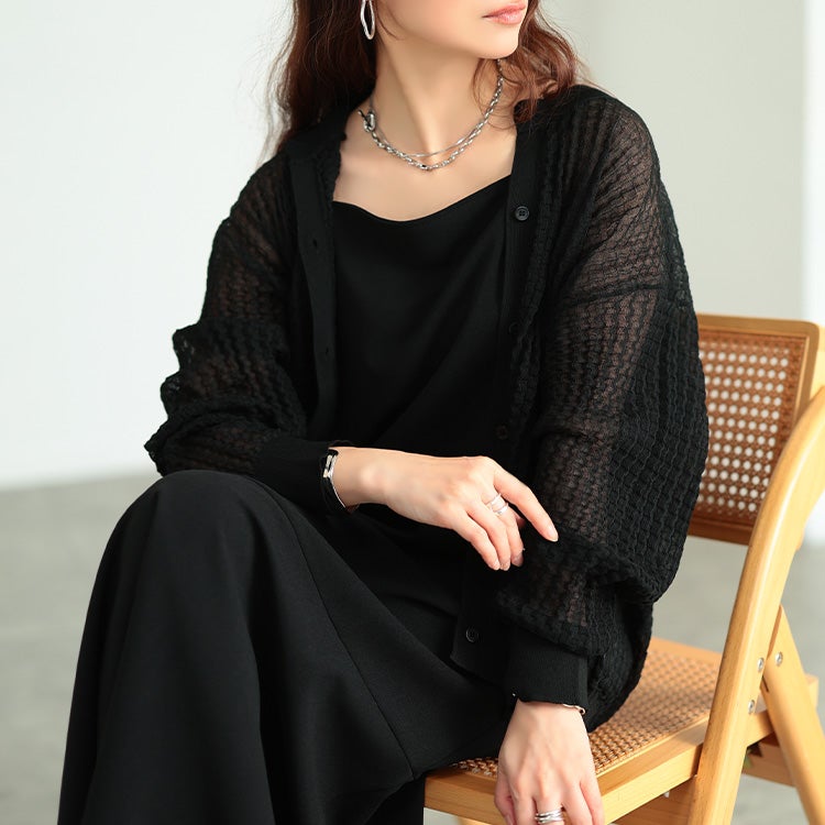 大きいサイズ レディース ウェーブ柄透かし編みニットカーディガン ブラック