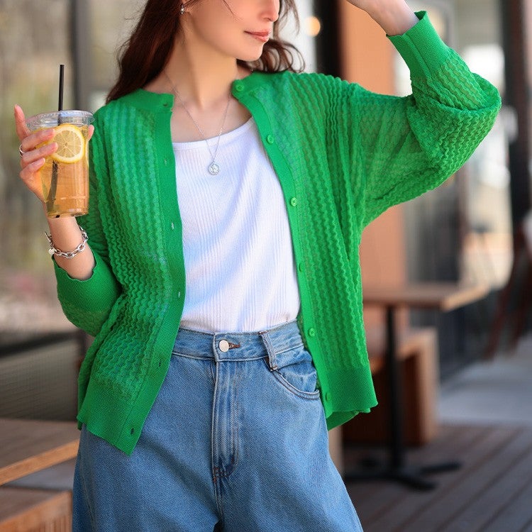 大きいサイズ レディース ウェーブ柄透かし編みニットカーディガン グリーン