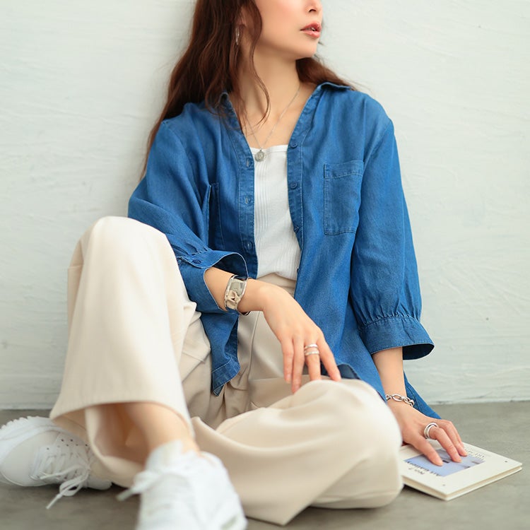 大きいサイズ レディース テンセルデニムスキッパーシャツ