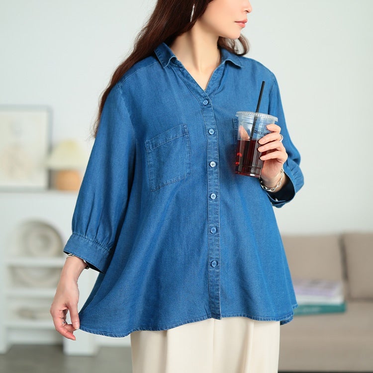 大きいサイズ レディース テンセルデニムスキッパーシャツ
